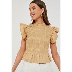 Tan Smocked High Neck Nadine Blouse